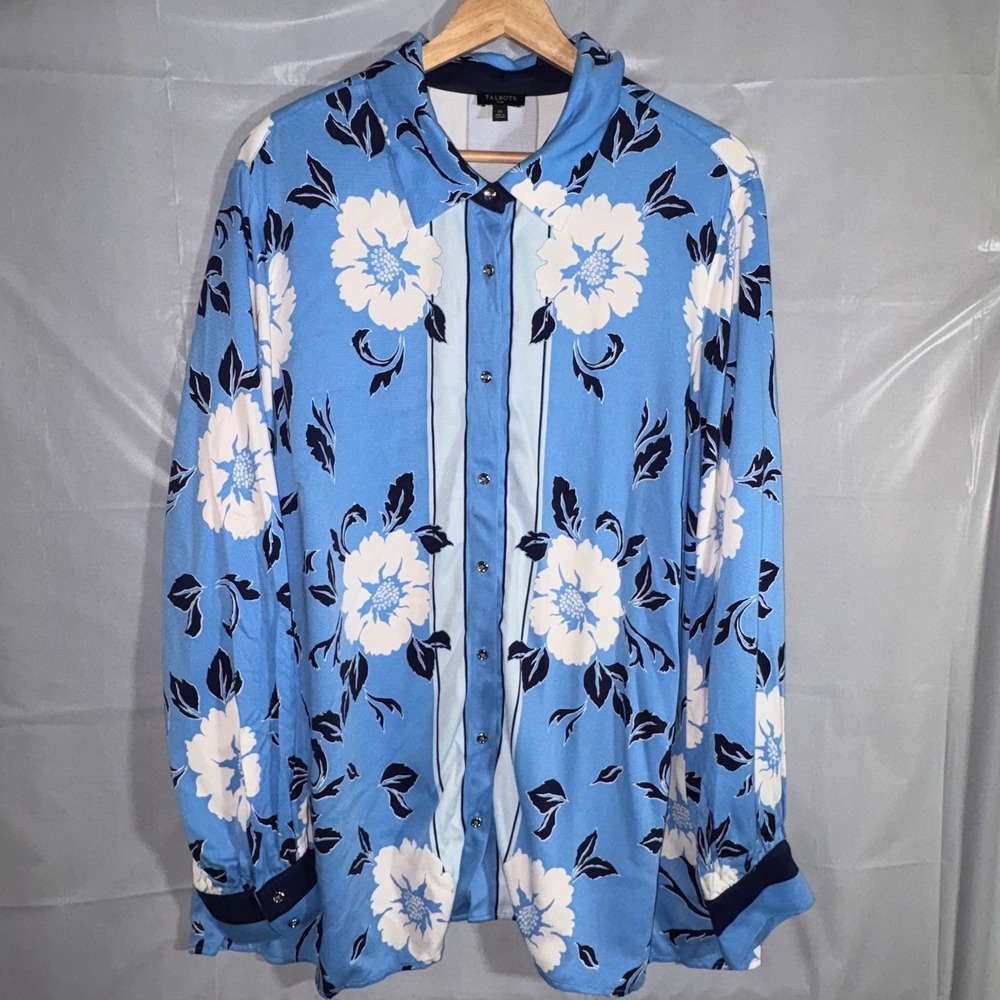 Talbots Plus Blue Floral Button Down Shirt 2X Ecovero Viscose Long Sleeve Blouse